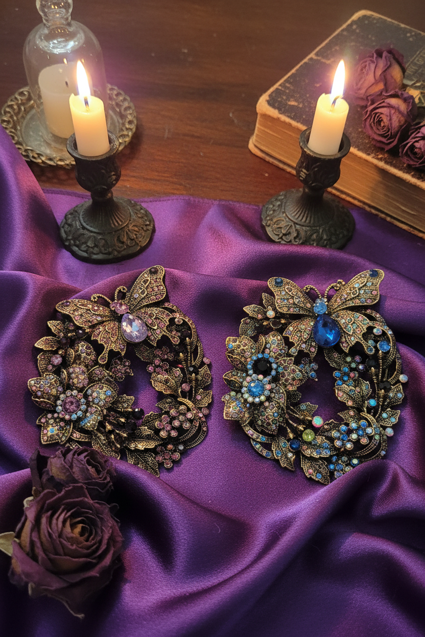 2 broches baroques améthyste et bleue velours bougies