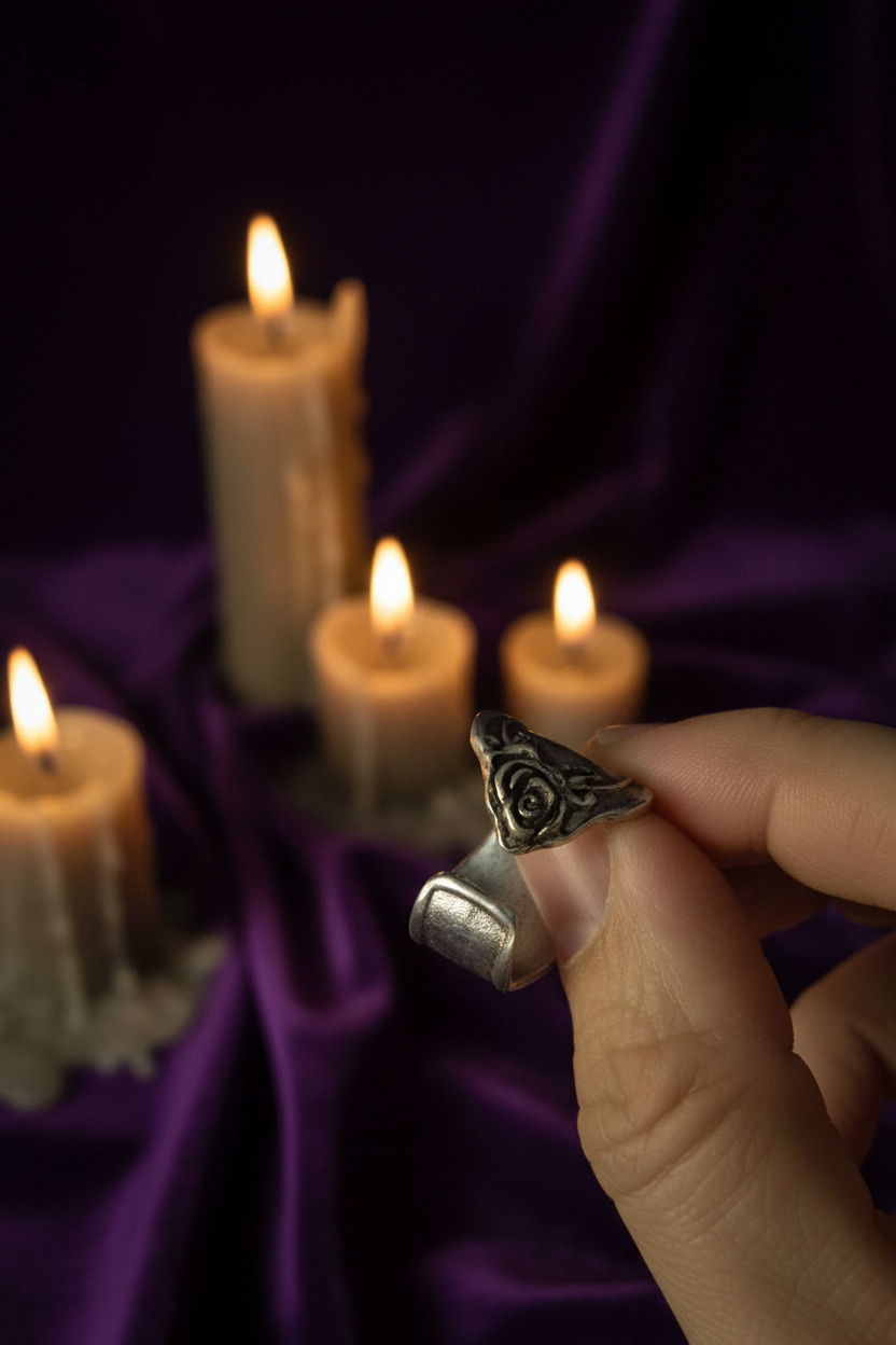 Bague argent rose gros plan – velours violet bougies