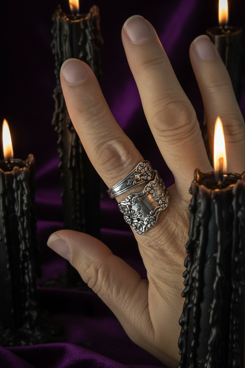 Bague cuillère main velours violet bougies