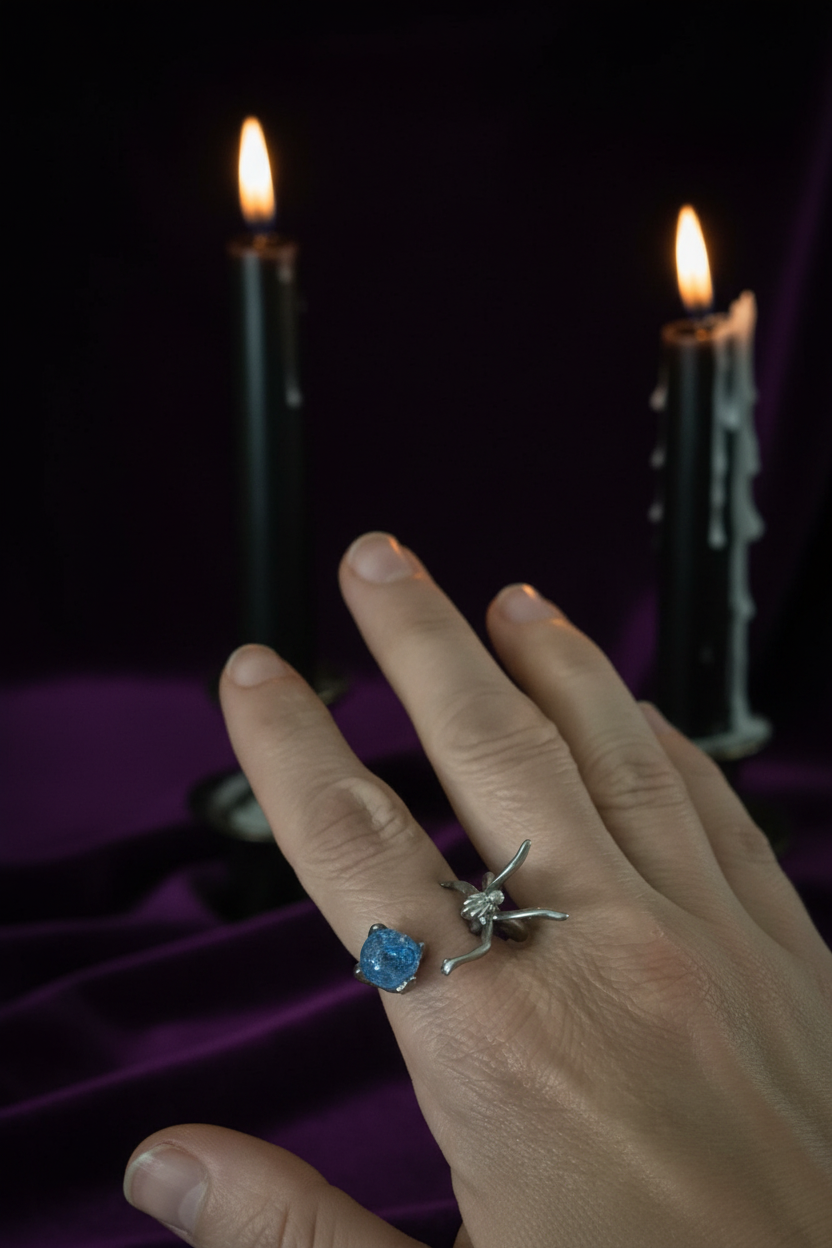 Bague fée photo originale fond velours violet bougies