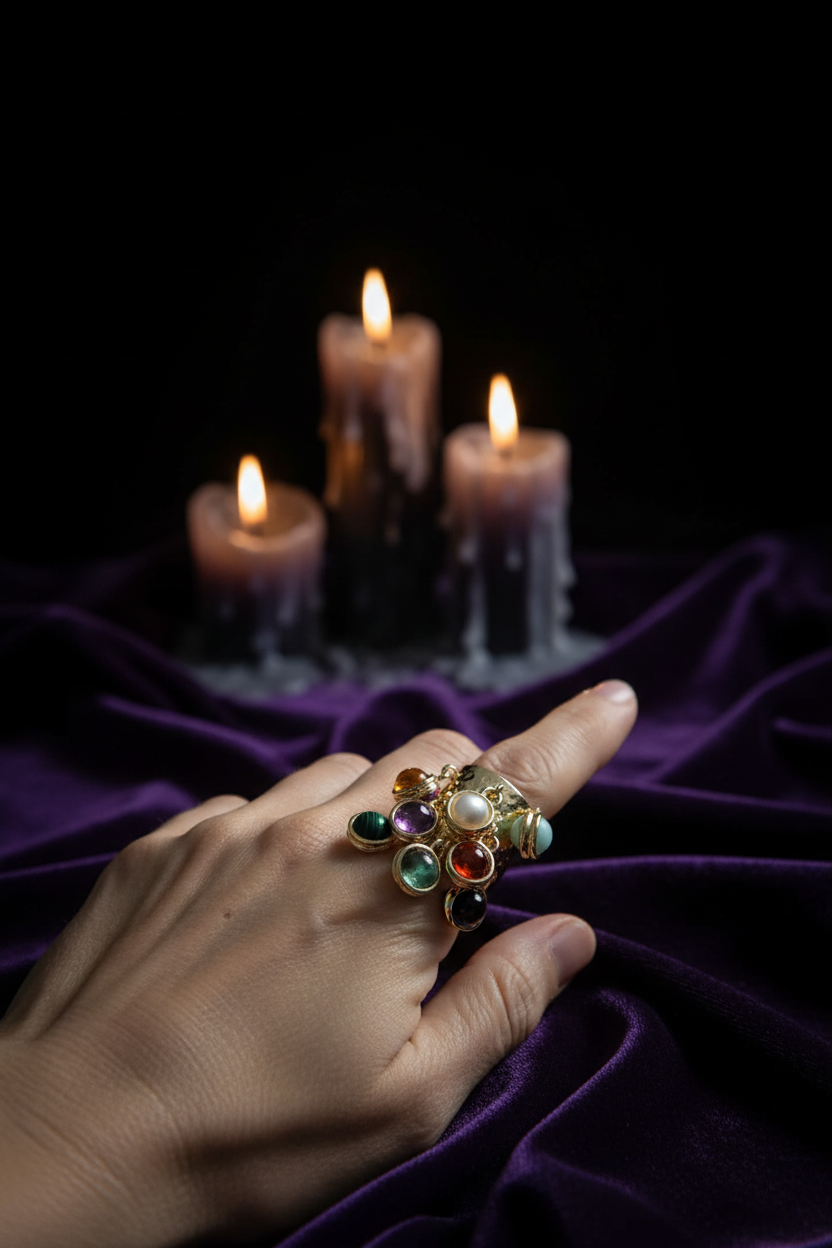 Bague multi-gemmes portée face – velours violet bougies