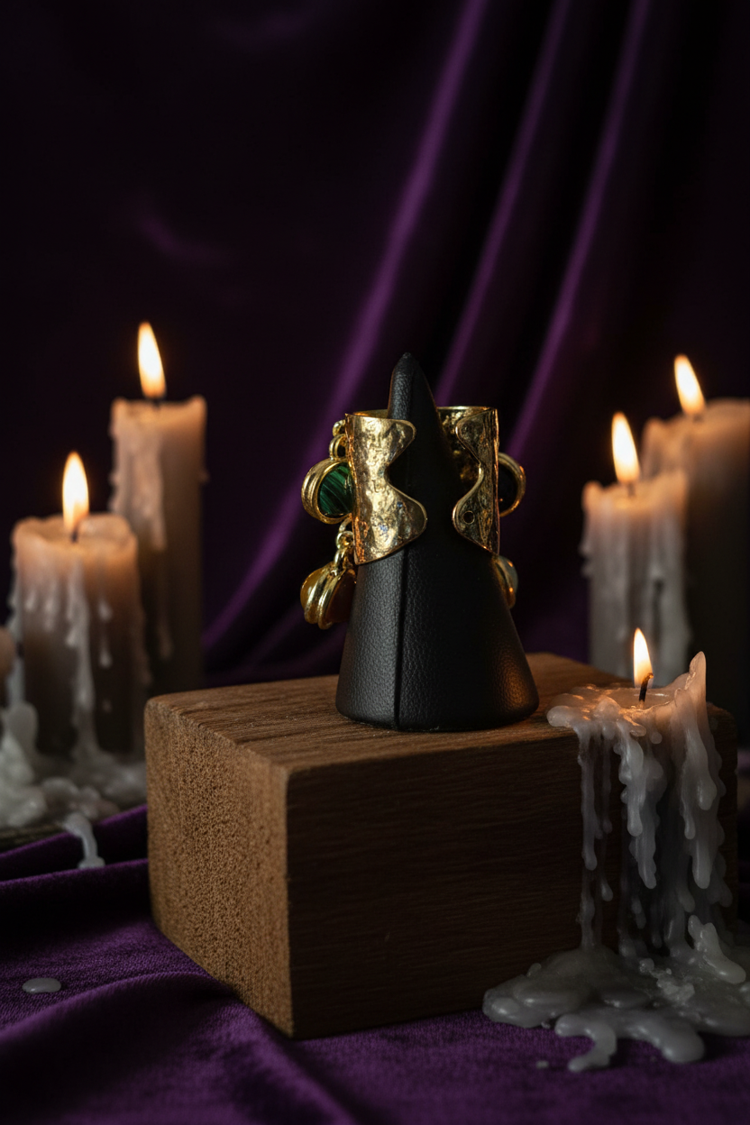 Bague ondulée malachite – fond velours violet bougies