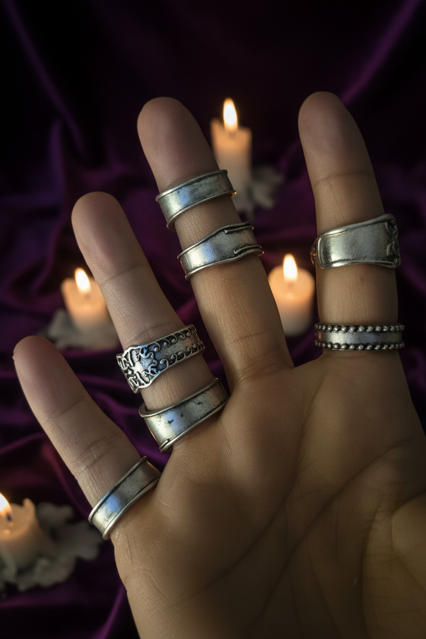 Bagues argent vieilli main 2ème pose – velours violet bougies