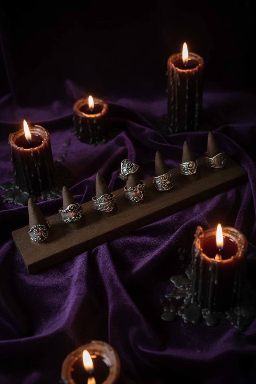 Bagues argent vieilli présentoir – velours violet bougies