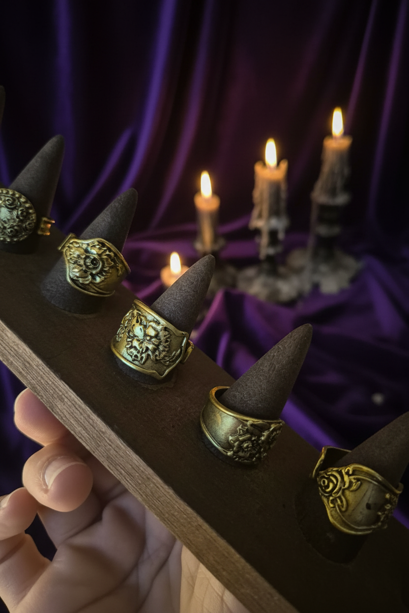 Bagues dorées spoon présentoir angle 2 – velours violet bougies