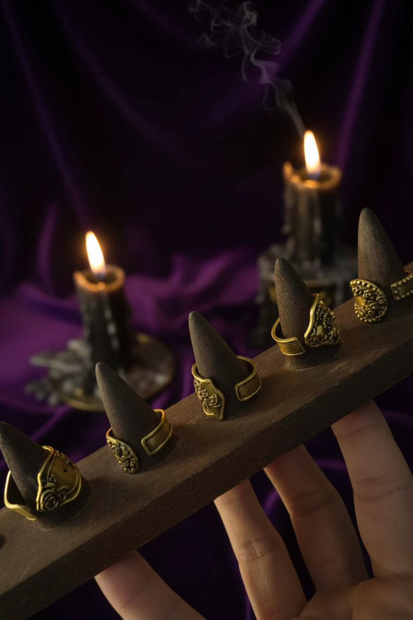 Bagues dorées spoon présentoir côté – velours violet bougies