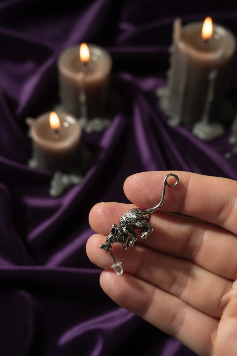 Boucle d'oreille rat argentée gros plan – velours violet bougies