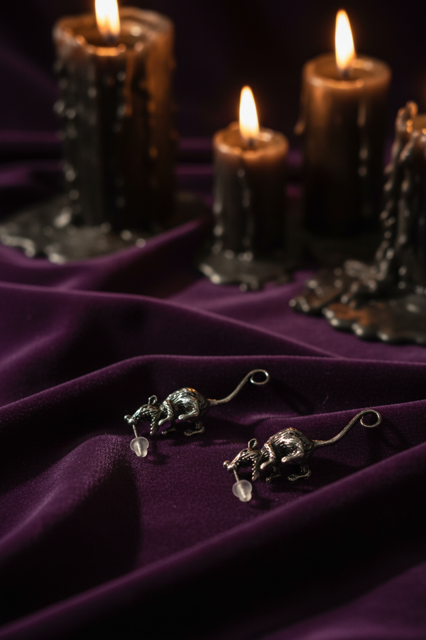 Boucles d'oreilles rat argentées à plat – velours violet bougies