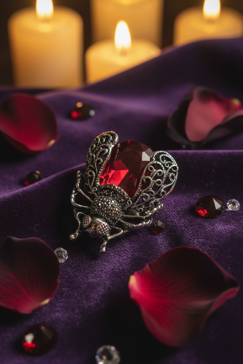 Broche mouche rouge - vue rapprochée