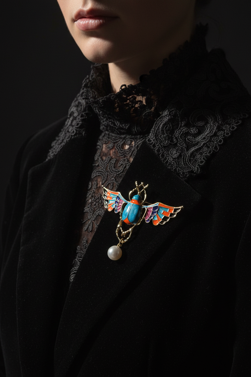 Broche scarabée portée sans visage
