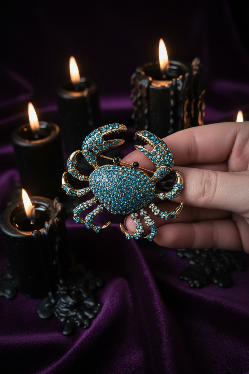 Broche Crabe Gothique « Trésor des Abysses » – Métal Doré & Strass