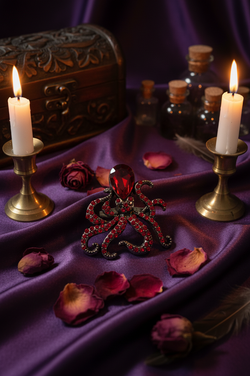 Flat lay pieuvre rubis pétales bougies