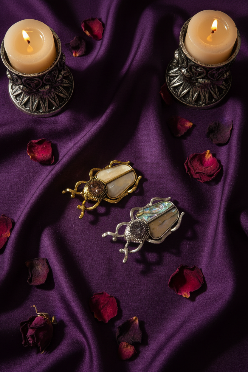 Flat lay scarabées bougies pétales