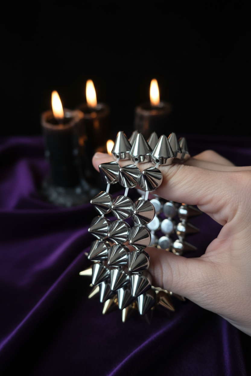 Gros plan bracelets piques – velours violet bougies
