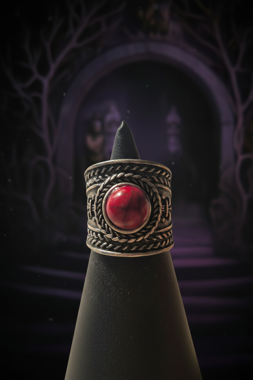 Bague Bohème Large – Pierre Rouge ou bleue & Tressages Argentés