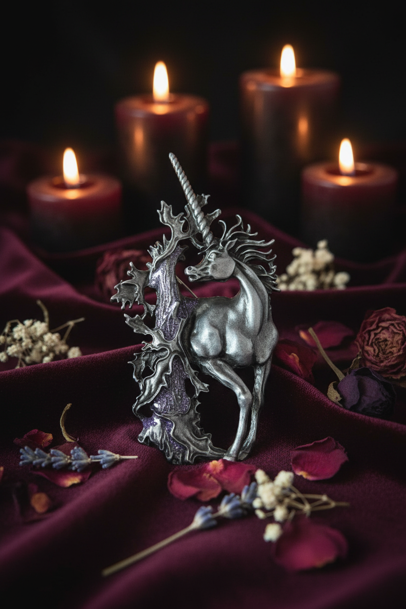 Broche licorne argentée – vue principale sur velours bordeaux