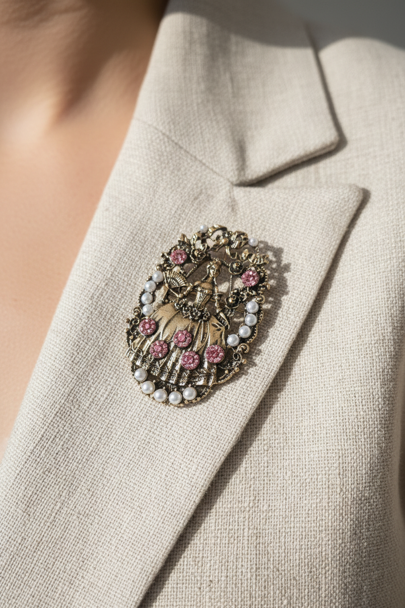 Broche Pendentif Dame Victorienne – Strass Roses & Perles