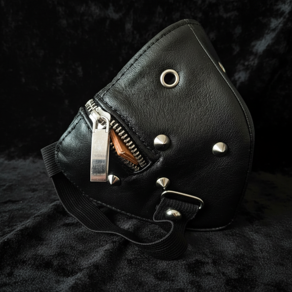 Masque gothique noir - détail fermeture éclair et rivets argentés