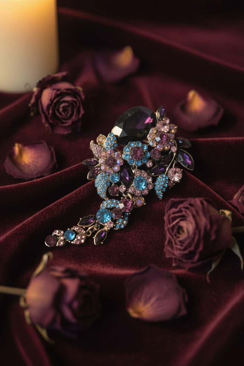 Broche florale strass violet et bleu – Style bohème