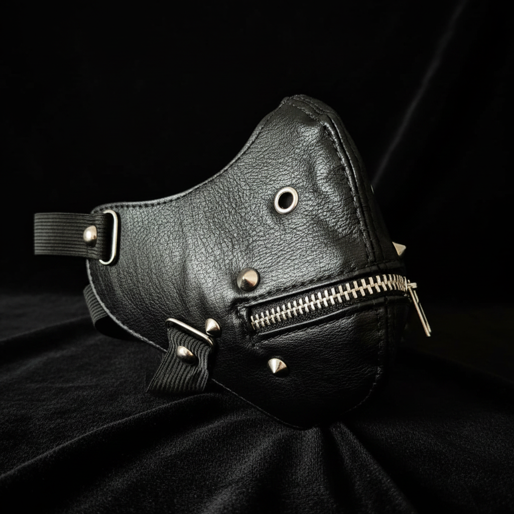 Masque gothique noir fermeture éclair similicuir punk biker - vue face