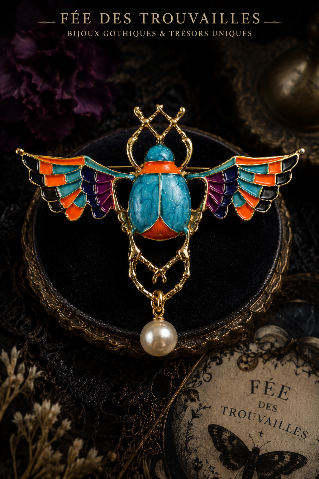 Broche Scarabée Gothique Colorée – Métal Doré