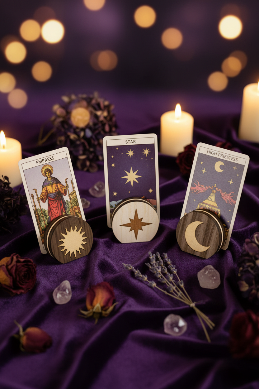Trio avec cartes de tarot sur velours violet